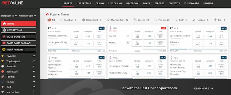 A screenshot of the BetOnline California online sportsbook odds